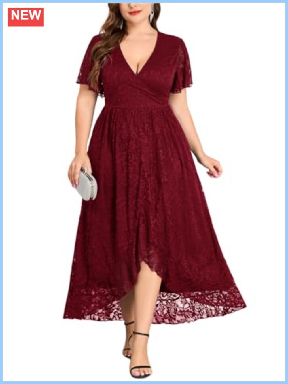 Plus Size Floral Lace Wrap V Neck High Low Ruffle Sleeve Maxi Evening Gown